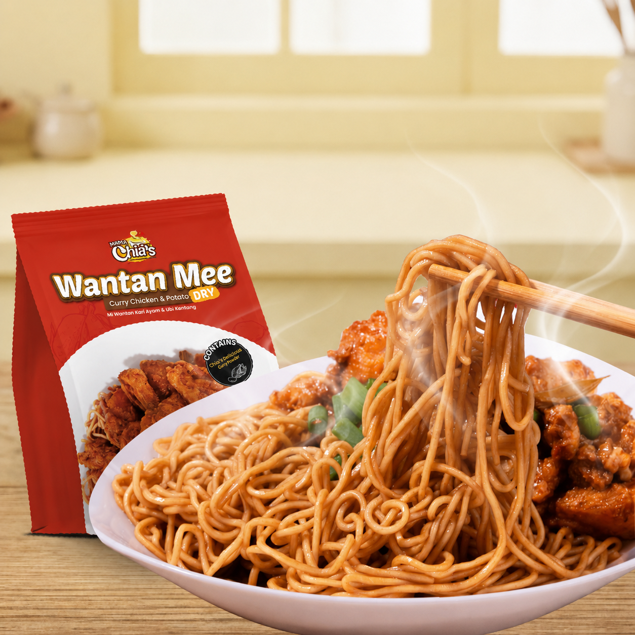 A bowl of Auntie Chia wantan mee with its real chicken curry side dish